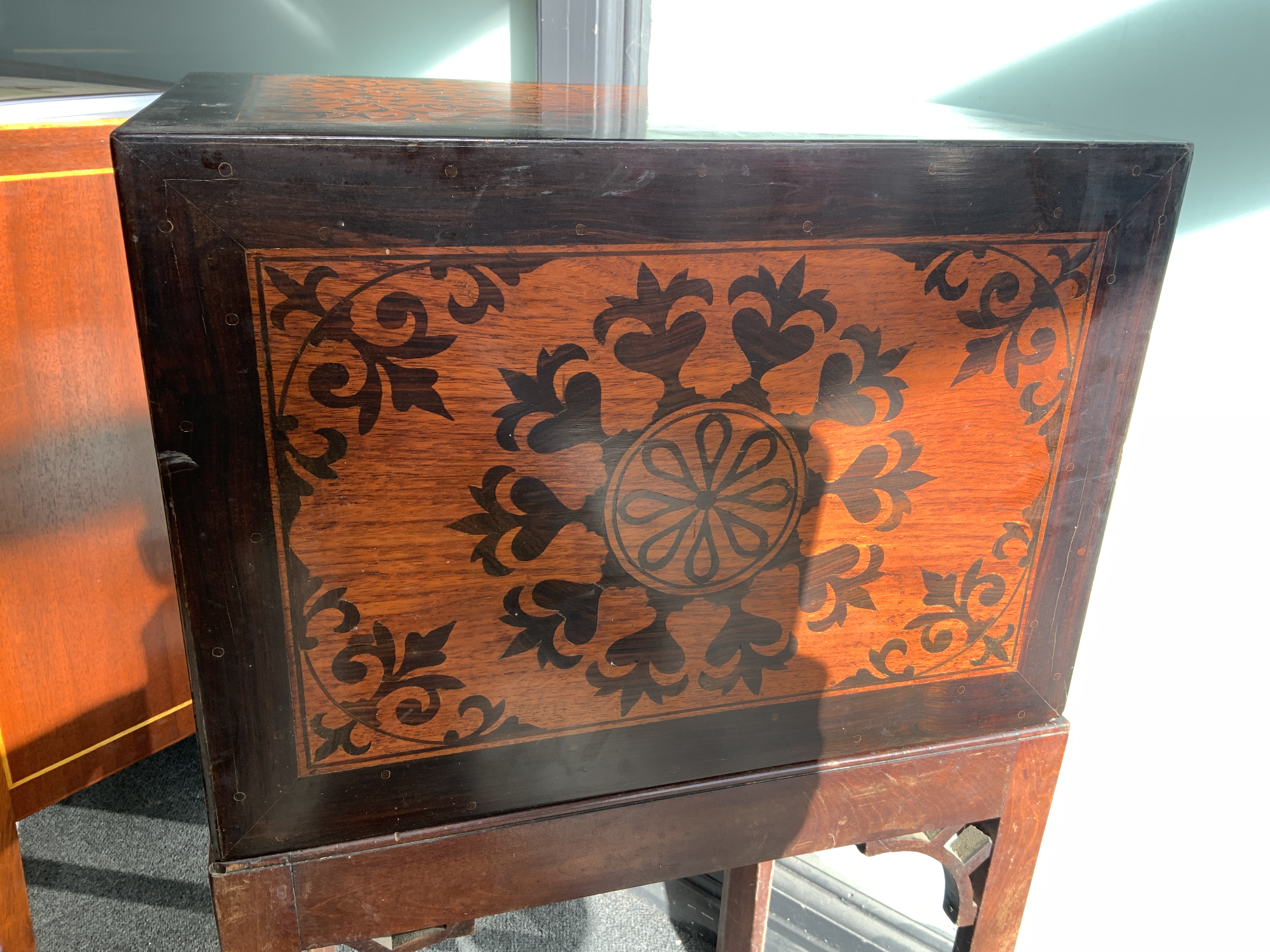 A 17th century style marquetry and ebony collector's chest, on associated stand, width 43cm, depth 33cm, height 83cm